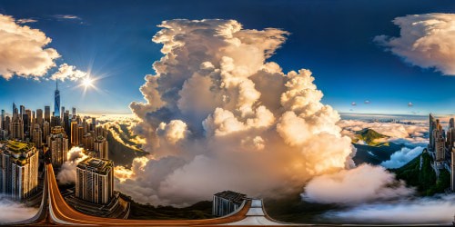 A mesmerizing digital diorama depicting the iconic City of the Living, intricate skyscrapers soaring amidst billowing white reishi clouds, intricate steel railings, gleaming futuristic roads, neon-lit shops, and flawless architectural details under a flawless vibrant cerulean sky.