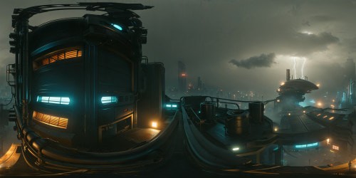 A flawless, high-resolution cyberpunk cityscape, illuminated by crackling lightning in the pitch-black night, showcasing dilapidated skyscrapers against a backdrop of torrential, neon-drenched rain.