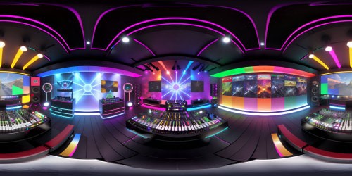 VR360 experience, ultra-high resolution. Music store panorama, masterpiece-grade corners with dedicated subcategories. Varied speaker displays, a myriad of keyboards, microphone assortment, headphone collection, gleaming stage lights. DJ equipment ensemble, drum kit variety, monumental wall adorned with guitars. Digital painting-style details, finesse-infused visuals. Perfect