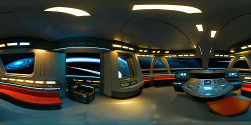 Star Trek Enterprise-D bridge, illuminated consoles, captain's chair focus. Futuristic panorama, VR360 immersion. Ultra high-resolution textures, NCC-1701-D architecture, elongated starship corridors. Masterpiece quality, digital rendering, hyper-realistic lighting effects. VR360 scene, Star Trek fidelity, sci-fi artistry.