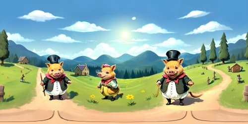 three little pigs wearing tophats and darkglasses eating ham sandwiches storybook