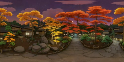 Expansively panoramic Edo period Japenese Zen garden at night, in Autumn. With cozy warm toned and glowy. Emaculately detailed landscaping. Deep warm toned color palette, with deep reds, magentas, browns, and deep orange-yellow tones. Ghibli style Warm feverish aesthetic.