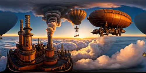 A flawless, ultra-high-resolution depiction of a bustling steampunk metropolis at twilight, featuring towering airships casting shadowy silhouettes, colossal machinery releasing billows of steam, intricate brass gears turning, and colossal chimneys billowing smoke, a flawless masterpiece of industrial grandeur as the night descends.