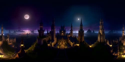 Masterpiece, ultra high-res VR360, grand Hogwarts castle, rising towers, glistening spires, majestic stone archways. Gargoyles perched, shadowy nooks, extravagant staircases, floating candles. VR360 capture of ethereal night-sky view, twinkling stars, radiant moon. Style: Fantasy art.
