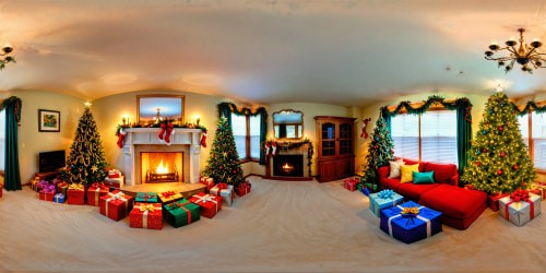 A flawlessly detailed, ultra high res depiction of a classic 90s living room on Christmas morning, featuring a massive, perfectly decorated tree twinkling with colorful lights and ornaments, piles of meticulously wrapped presents, warm morning light filtering through snowy windows, nostalgic tinsel and garlands, and a crackling fire in the hearth filling the room with a cozy glow.