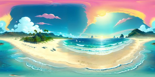 Masterpiece level detail, ultra-high resolution, VR360 sandy beach, frothy waves meeting shoreline, secluded palm trees. Luminous, Pixar-style ocean expanses, vibrant seashells. VR360 view of the setting sun, pastel-colored sky.