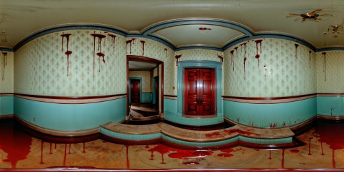 In the eerie depths of an abandoned mansion, a meticulously detailed room reveals glistening pools of blood, splattered against opulent wallpaper, the unsettling scene captured flawlessly in ultra-high resolution, a chilling masterpiece of horror.