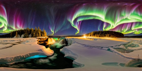 A pristine, ultra high-resolution rendering detailing the graceful waltz of the northern lights above a frozen waterfall, swirling auroras imbuing the icy descent with vivid luminescence, shimmering frost textures gleaming under the brilliant starlit heavens. An immersive and flawless portrayal capturing the spectacle from the base of the cascading ice.