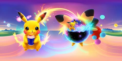 VR360 view, ultra-high-resolution masterpiece, playful Pikachu, gripping a beverage, vibrant, warm hues, electric sparks around Pikachu. Style: anime-style, bright, vivid