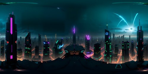 VR360 cyberpunk metropolis, skyscraper-lit skyline, neon luminescence, ultramodern architecture, holographic advertisements. Techno-noir aesthetics, ultra-high resolution, VR360 atmospheric cityscape, contrasting with star-studded sky. Cyberpunk masterpiece in every pixel.