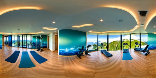 Immaculate physiotherapy rehabilitation lab and gym bathed in a serene palette of blues and greens, cutting-edge equipment gleams, reflective surfaces shimmer in ultra high resolution, a flawless masterpiece of a healing sanctuary.