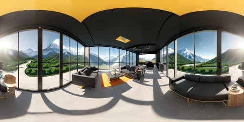 an open space lobby viewing the mountains behind tall glass walls. the room has been styled with modern furniture