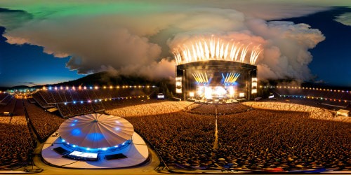 A monumental Woodstock '99 stage, aglow with vibrant lights amidst a roaring crowd, captures Fred Durst's electrifying performance in unparalleled ultra-high resolution, a true masterpiece of pulsating energy.