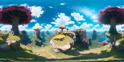 VR360, ultra high-res masterpiece, sprawling landscape of gargantuan mushroom trees, patchwork of vibrant and pastel spores, slender stems towering in VR360 panorama, Pixar-style exaggeration