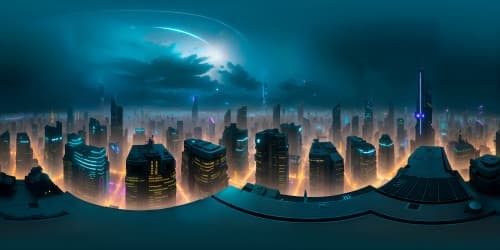 High-quality VR360, Blade Runner-style city panorama, night setting. Ultra HD, art masterpiece. Apartment balcony foreground, minimalistic, uncluttered. Vast metropolis below, neon lights, towering skyscrapers, futuristic motifs. VR360 cityscape, cyberpunk aesthetic, digital art style.