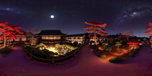 Expansively panoramic Edo period Japenese Zen garden at night, with cozy warm toned glowy lighting. Moon and stars in the dark sky. Emaculately detailed landscaping. Deep warm toned color palette, with deep reds, magentas,browns, deep orange-yellow tones. Warm feverish Ghibli-esque aesthetic.