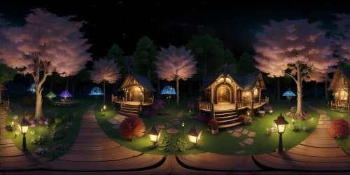 enchanted forest fairy treehouses colorful flowers autumn leaves night stars and lanterns skyview