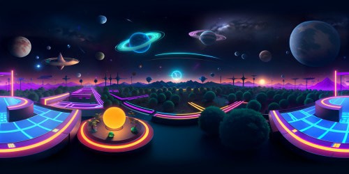 Pixelated retro arcade, VR360 view, neon grid floor, floating 8-bit power-ups. Space Invaders inspired starscape, pixel comet trails. Ultra-high res VR360, 3D Pac-Man maze horizon. Masterpiece in vaporwave, vibrant color combinations.
