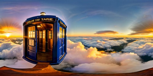 Outlined in ultra-high resolution, a flawlessly detailed exterior of the iconic TARDIS time machine gleams in cobalt blue, its intricate panels and signage shimmering under the golden hour light, set against a stunning swirling time vortex backdrop, creating a mesmerizing masterpiece.