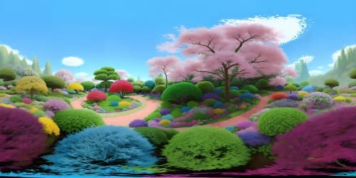 Ultra-HD masterpiece, best quality VR360 skyview, grand cascade of amplified rainbow hues. Subtle whimsicality in realistic style, ultra high res Japanese botanical garden. Minimalist foreground details, VR360 floral spectacle, intense color immersion.