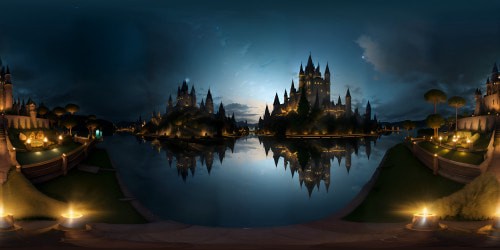 Ultra high res, Hogwarts Castle, spires piercing the sky, entire structure mirrored in lake, moonlight bathed, VR360 panorama. Surrounded by enchanted forest, floating illuminated candles, twinkling stars. Style: detailed, digital painting, VR360, masterstroke precision.