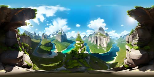 VR360 scene of majestic mountain peaks, undulating valleys, crystal clear streams, abundant lushness of prehistoric vegetation. Vibrant palette, ultra high resolution, artistic masterpiece quality. Exquisite detail, deft strokes, powerful grandeur in VR360 brilliance, MIP grading for texture finesse.