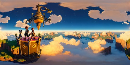 Immaculate ultra-high-res digital rendering of the intricately detailed world of Kingdom Hearts 2, showcasing flawless pixel-perfect textures, vibrant otherworldly landscapes bathed in shimmering magical effects, luminescent glowing Keyblades set against a vividly textured backdrop, creating a cinematically stunning portrayal of the beloved game universe.