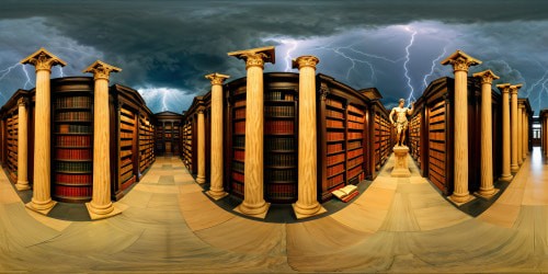 A flawless, meticulously crafted Roman pillar adorned with intricate carvings of the mighty Greek god Zeus, surrounded by towering shelves filled with ancient tomes in a dimly lit library, echoing with the distant rumbles of a majestic thunderstorm outside, encapsulating a dark academia ambiance in ultra-high resolution perfection.