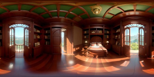 VR360 masterpiece, ultra-high-res quality, towering mahogany bookshelves, boundless literature panorama, ornate ladders decor, lit manuscripts, celestial dome ceiling, VR360 view. Pixar style, ultra high-res, vibrant colors, alluring glow, meticulous detail in each element. Superior VR360-artistry.