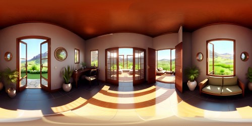 Meditation room in VR360, stunning clarity, ultra-high resolution, serene Zen surroundings, stone floor radiating tranquility, intricate mandala patterns on walls. Adobe-style alcoves, low-lit, peaceful. Style elements: watercolor blended with realism, dreamy airbrushing, harmonious palette. Unrivalled VR360 view of a serene oasis.