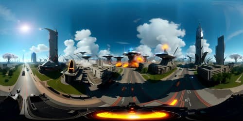 VR360: Futuristic, war-torn metropolis, towering metallic structures. In the center, a prominent AI robot, advanced machine gun visible. Gigantic spaceship, sky-borne, raining fire. Ground perspective reveals army of AI soldiers, fast maglev trains, thin tall metallic structures. Ultra-high-res quality, digital painting style, VR360.