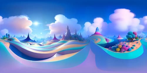 Prismatic hues in VR360, crystalline structures with high gloss finish, ultra-high res masterpiece. VR360 Gavs world transformation. Pixar-style sky, cotton-candy clouds, magic hour color palette. Ideal for immersive VR360 exploration.