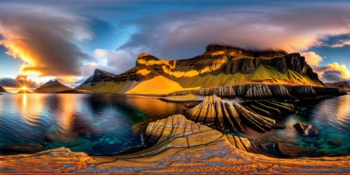 Vast, rugged cliffs of the Isle of Skye, reflecting in still, crystal-clear waters, dramatic sunset illuminating every peak, flawless detailed textures.