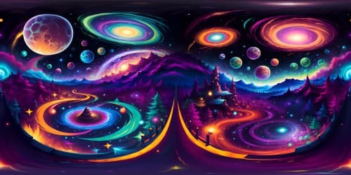 VR360, grand spectacle, swirling galaxies, celestial bodies, radiant constellations, closer view, sun, planets, moons, asteroids, rings of Saturn, ultra high res, fantasy art style, nebulous colors, VR360, otherworldly masterpiece