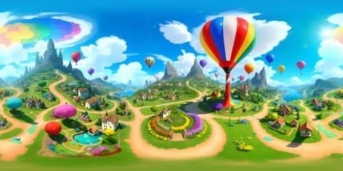 Munchkin land's vibrant hues, towering flora, whimsical dwellings, curved paths. Emphasize ultra-high-res textures, vivid colors, masterful lighting. VR360 panoramic views, fantasy art style. Overarching rainbow, cotton candy clouds, scattered lollipop trees. Pixie dust sparkling in VR360 view. Lush, storybook charm.