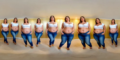 beautiful fat woman wearing a white top and jeans, big belly