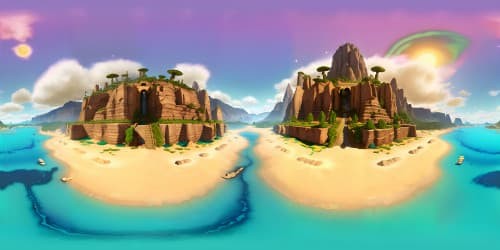 Fortnite-inspired VR360 expansiveness, Battle Bus traversing sunset brilliance, floating archipelagos, towering buildings, Loot Lake's sparkles. Cartoon-realism blend, vibrant color palette. Ultra HD resolution, panoramic VR360 perspective. Pixaresque finesse, finely textured surfaces, 3D depth perception. Interactive, mesmerizing, masterpiece quality.