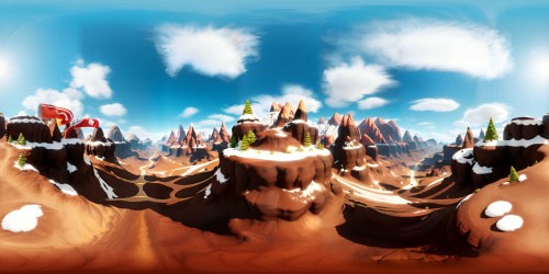 VR360 scene: high-definition chocolate mountains, whipped cream clouds, caramel rivers, candy cane trees. Style: photorealistic, attention to texture, masterful play of light and shadow.