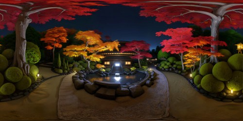 Expansively panoramic Edo period Japenese Zen garden at night, in Autumn. With cozy warm toned and glowy. Emaculately detailed landscaping. Deep warm toned color palette, with deep reds, magentas, browns, and deep orange-yellow tones. Warm feverish aesthetic.