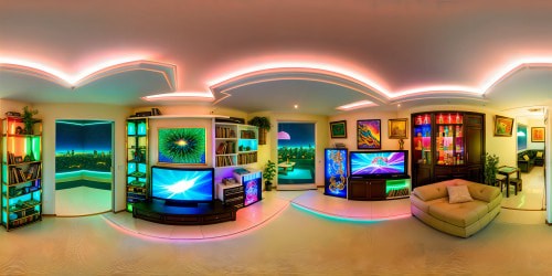 In the heart of a meticulously detailed anime apartment straight out of Yu-Gi-Oh, a stunning living room with futuristic holographic displays, sleek high-tech furniture, iridescent neon lighting, and a flawless blend of both ancient and modern design elements.