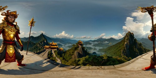 A flawlessly detailed, ultra-high-res portrayal showcasing Blackmyth Wukong, the Monkey King, in ornate armor wielding a mythical staff, resembling Li Kan Hu Zaon from Warcraft, exuding a realistic and cinematic quality akin to a VFX masterpiece, set against a dark, dramatic sky, enveloping a stunningly detailed and atmospheric Chinese temple reminiscent of AAA game graphics with touches of The Witcher's epic flair.