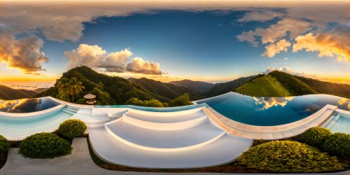 Nestled amidst rolling hills, an elegant, grandiose mansion emerges, its pristine white facade gleaming under the golden rays of a perfect sunset, intricate details etched flawlessly, reflecting in the crystal-clear waters of a serene infinity pool.