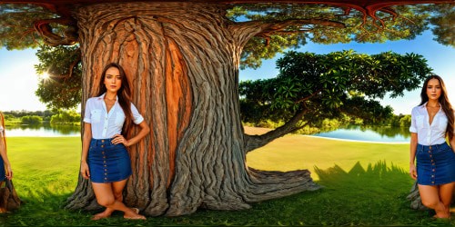 A flawless, ultra high-resolution portrait of a radiant, young brunette, standing gracefully next to a majestic tree, her sapphire eyes sparkling with joy, her long, straight hair cascading elegantly around her, dressed in a denim skirt and a white button-up shirt slightly open to reveal a hint of a white bra, exuding confidence and youth in a sunlit, vibrant outdoor setting.