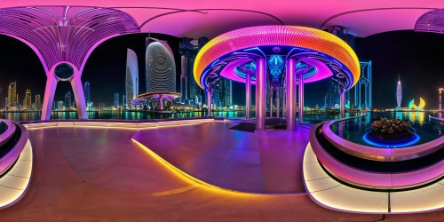 Experiencing the flawless cybercity sprawled across a glittering peninsula, neon lights casting a vibrant technicolor glow over sleek futuristic architecture, beckoning visitors with a warm and inviting ambiance, set in the year 3099, all encapsulated from the town square's mesmerizing point of view.