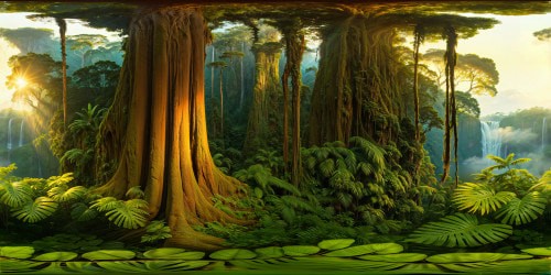 An exquisite, flawlessly detailed 8K digital painting capturing a majestic rainforest at dawn, sun rays filtering through lush verdant foliage, morning mist weaving through gigantic ancient trees, vivid flora and sparkling dew, setting an ethereal tone for the day.