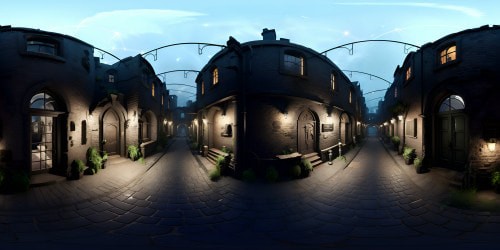 VR360: Ultra high-resolution masterpiece, abandoned town under starlight, spectral moonlight glint on cobblestone streets, cracked vintage signage. VR360: Noir-style shadows on timeworn structures, intricate detailing of aged brickwork. Haunting beauty, hauntingly beautiful, digital painting finesse.