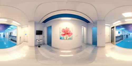 Masterpiece render, ultra high-resolution VR360. Hospital environment: sterile white walls, fluorescent lights, medical equipment. Style: hyper-realism, intricate detailing. Minimal foreground, expansive perspective.