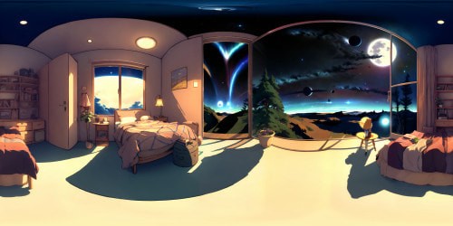 Pixar-style, minimalist room design, neutral hues, one large observation window, expansive VR360 view of cosmic skies, interstellar nebulae, distant galaxies. High-res, attention to detail: textures on walls, plush carpet underfoot. Room bathed in soft, milky way light, creating a living masterpiece for VR360 exploration.