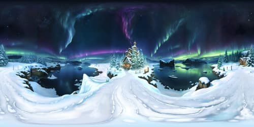 Masterpiece quality, ultra-high resolution, Christmas-themed Norwegian bay. Snow-covered pines on icy shores, fjord under the aurora borealis in VR360. Nordic wooden stave churches, subtle Yuletide decorations. Cool winter palette, VR360 clarity.