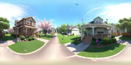 Vintage 1960s American suburbia, pastel-hued houses, flamingo lawn ornaments. VR360 lush green lawns, picket fences, blooming cherry blossom trees. Iconic gas-guzzling cars gleaming under a vibrant azure sky. Masterpiece quality VR360 view, ultra-high resolution, Norman Rockwell-style rendering.